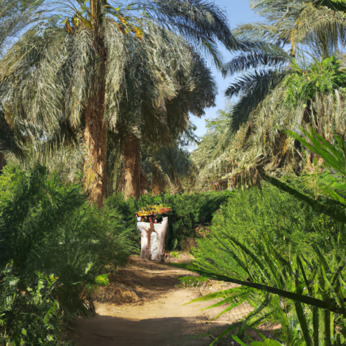 saudi palm trees full of khalas dates surrounded by many pamtrees and saudi farmers holding a basket full of dates